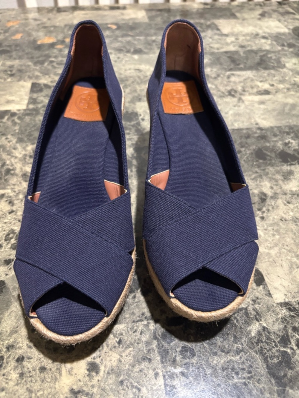 Tory Burch Navy Canvas Espadrille Wedge Peep-Toe - Picture 2 of 9